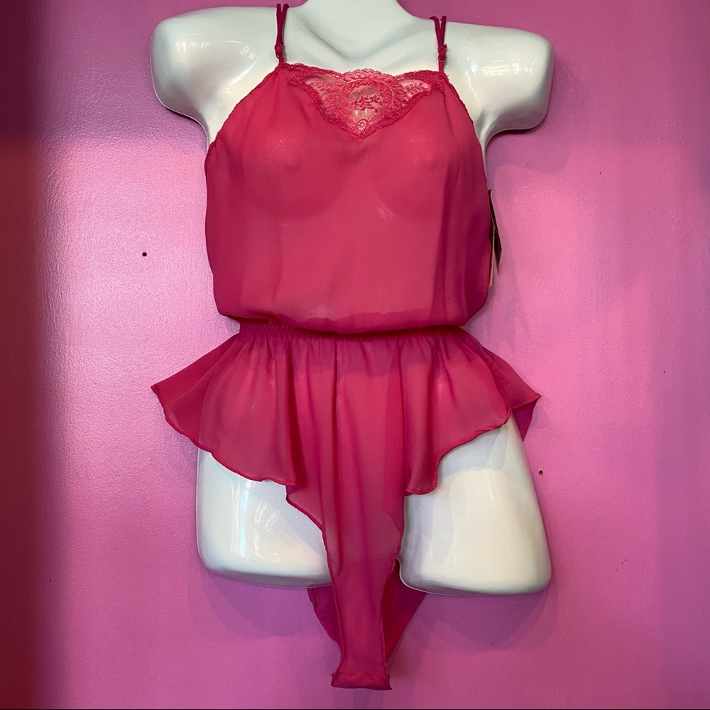 NWT VTG 80s Barbizon Pink Chiffon Teddy Bodysuit, S